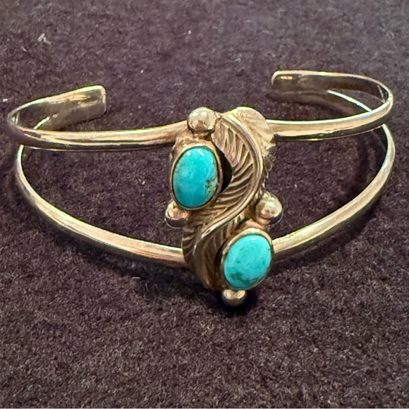 Sterling Silver 925 and Turquoise Feather Cuff Bracelet - Picture 1 of 5